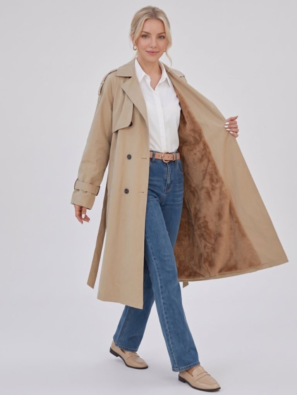 Women's Beige Thermal Lined Double Breasted Long Trench Coat Winter